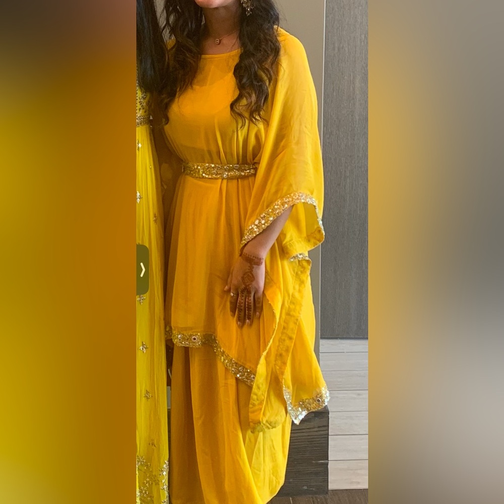 Yellow Sequin Embellished Indo western haldi outfit dhoti style three piece